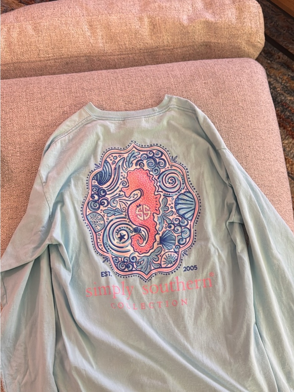 Simply Southern Light Blue Long-Sleeve Tee with Pink Seahorse Graphic
